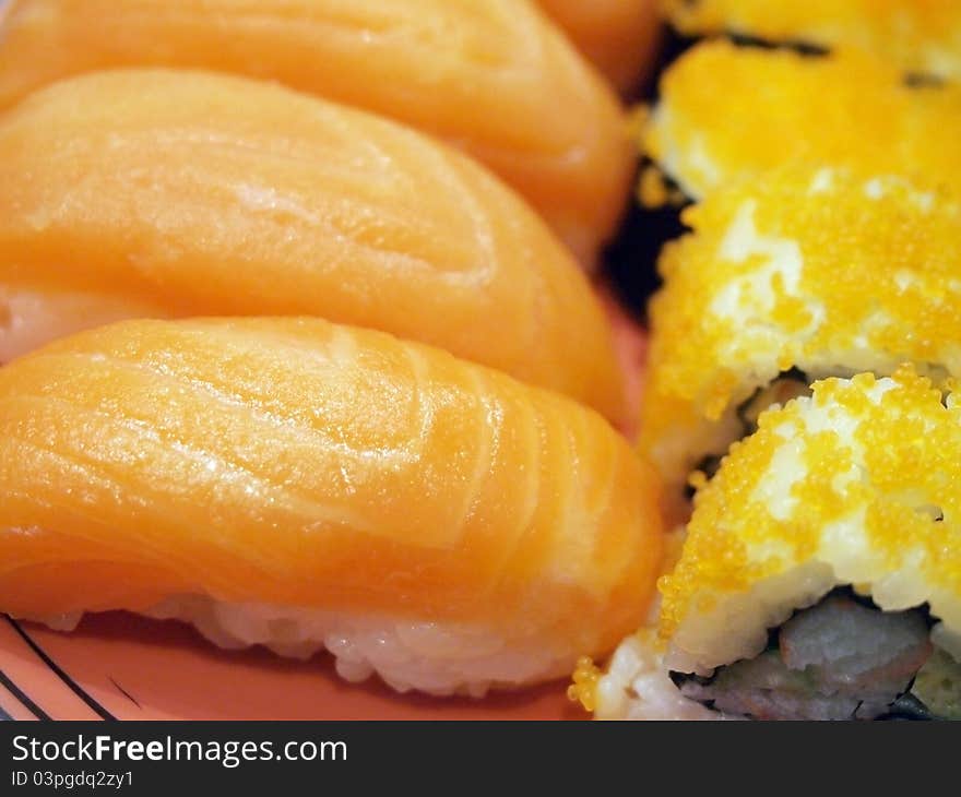 Japanese-style sushi, salmon, delicious. Japanese-style sushi, salmon, delicious.