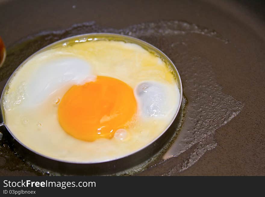 Fried egg on frying pan background