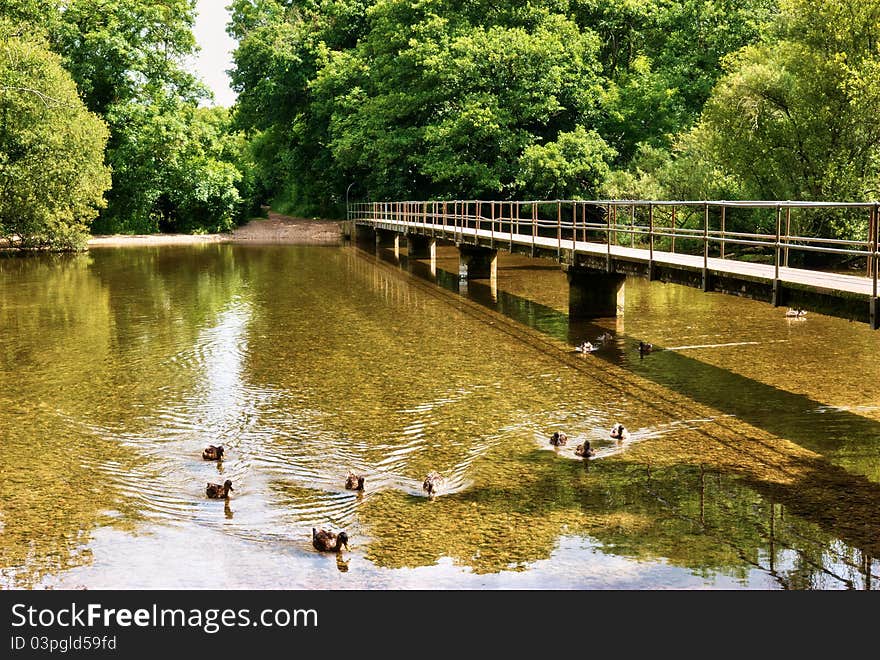 A picturesque ford on the river Frome near Moreton, Dorset, England