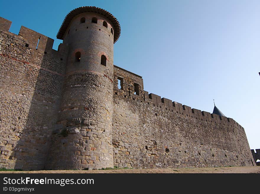 Walls of Carcassonne castle in France, Languedoc