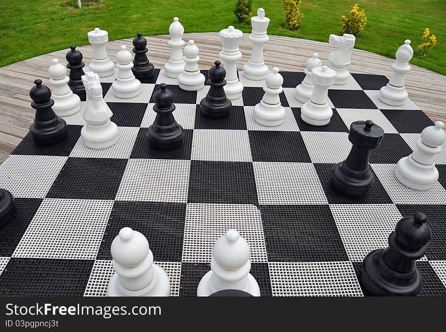 Chess game board on garden