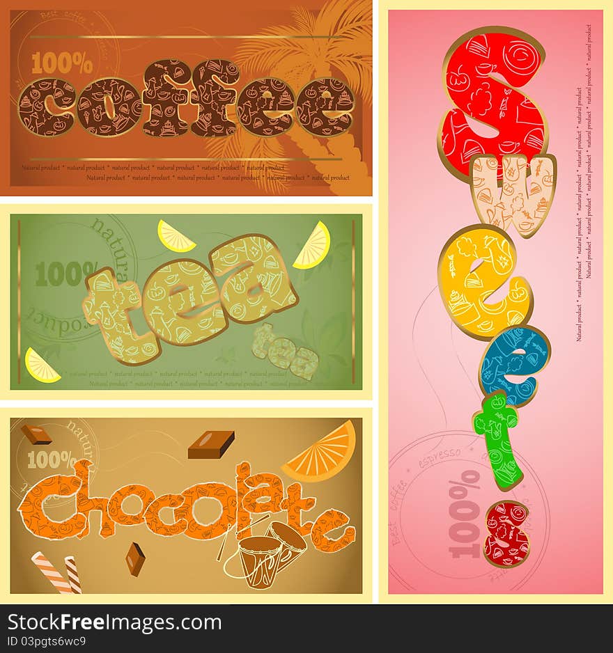 Tags set - coffee, tea, chocolate and sweets. Tags set - coffee, tea, chocolate and sweets