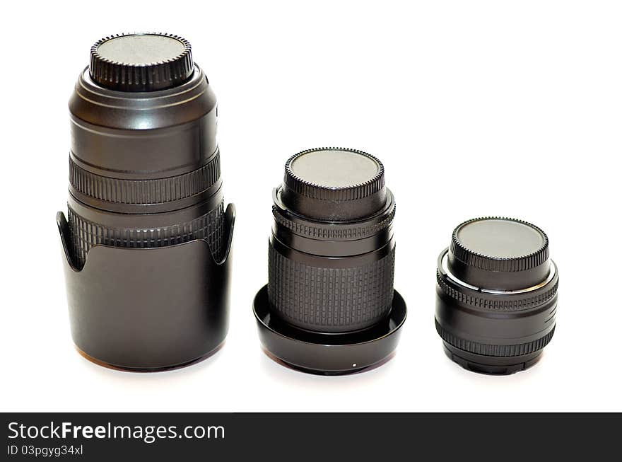 Three lenses for camera isolated on white background.