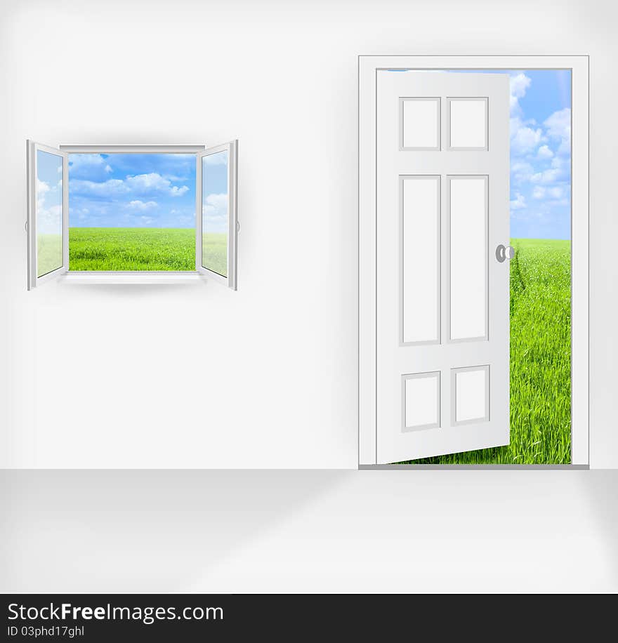 Landscape behind the open door and window.