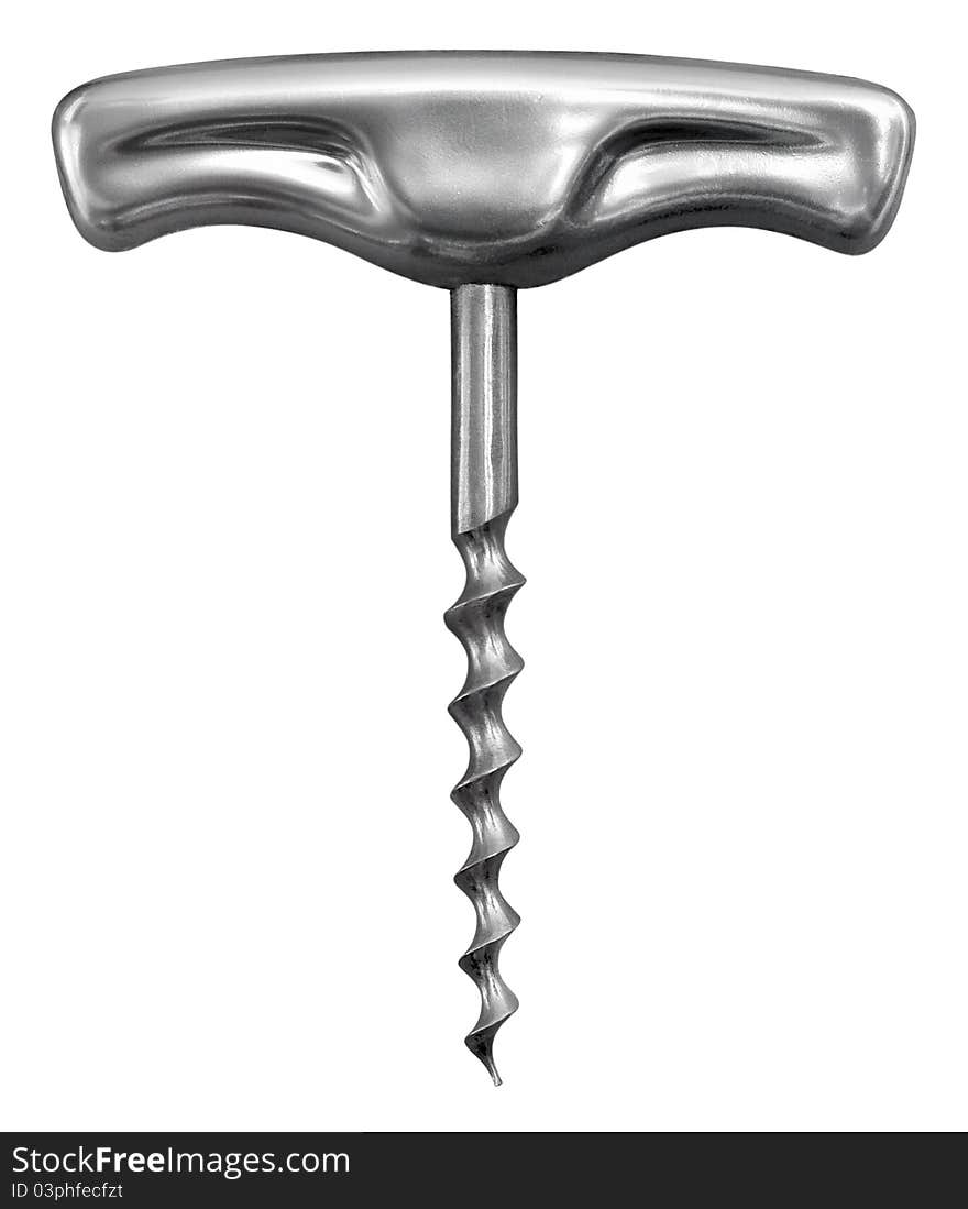 Metal corkscrew on white background .