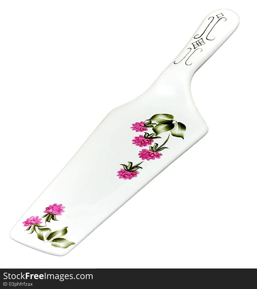 Porcelain cake server flower-decorated. Isolated on white.