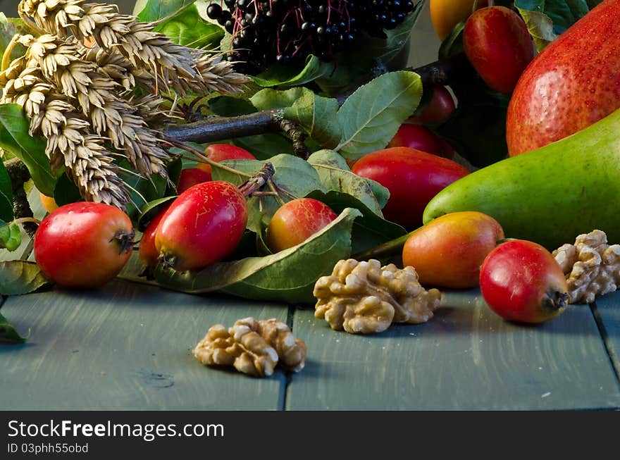 Pears, crabapples, elderberries, wheat and walnuts. Pears, crabapples, elderberries, wheat and walnuts