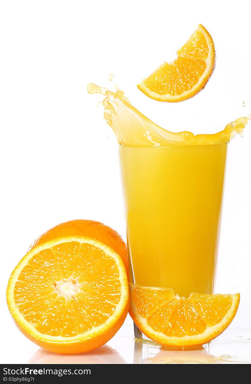 Fresh and cold orange juice against white background