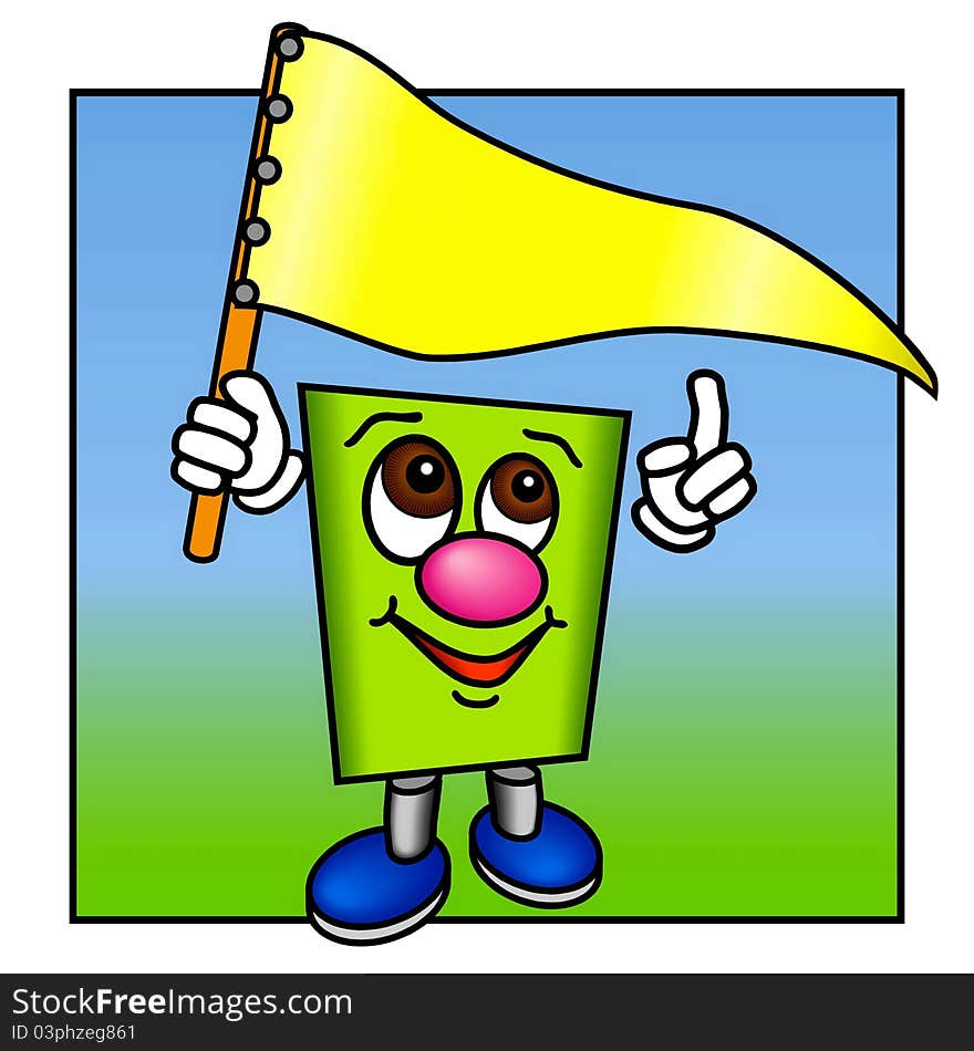 Funny Green Figure with a Yellow Flag.