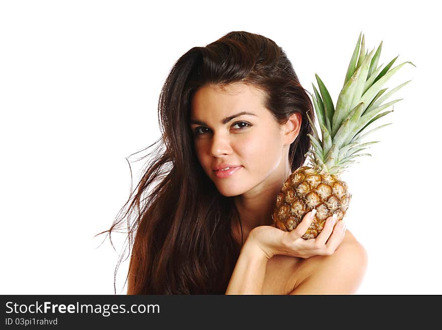 Woman take pineapple in hands isolated on white. Woman take pineapple in hands isolated on white