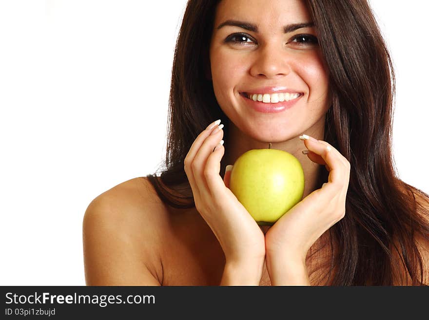 Woman hold apple in hands isolated on white. Woman hold apple in hands isolated on white