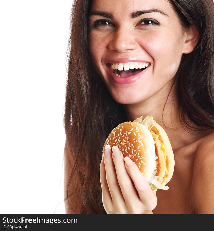 Woman eat burger isolated on white background