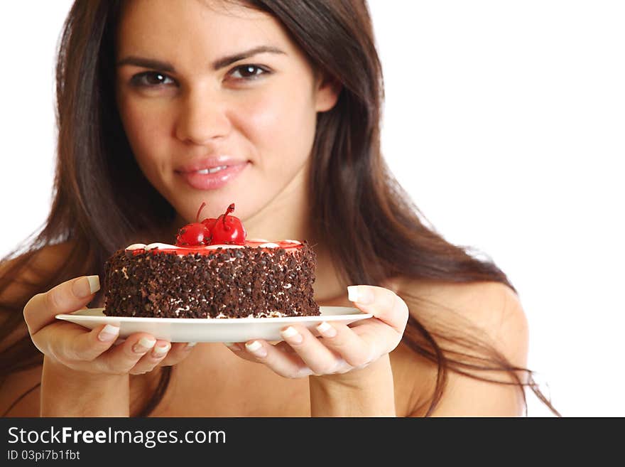 Woman hold cake in hands isolated on white. Woman hold cake in hands isolated on white