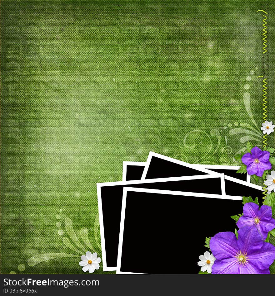 Frame for photos over green shabby background with violet and white flowers. Frame for photos over green shabby background with violet and white flowers