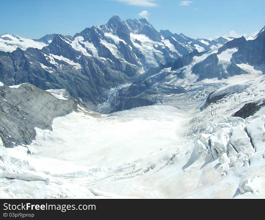 The view from the Eismeer station (3158m) on the Jungfraujochbahn in the Bernese Oberland in the Swiss Alps. The mountain in the background is the Schrekhorn.