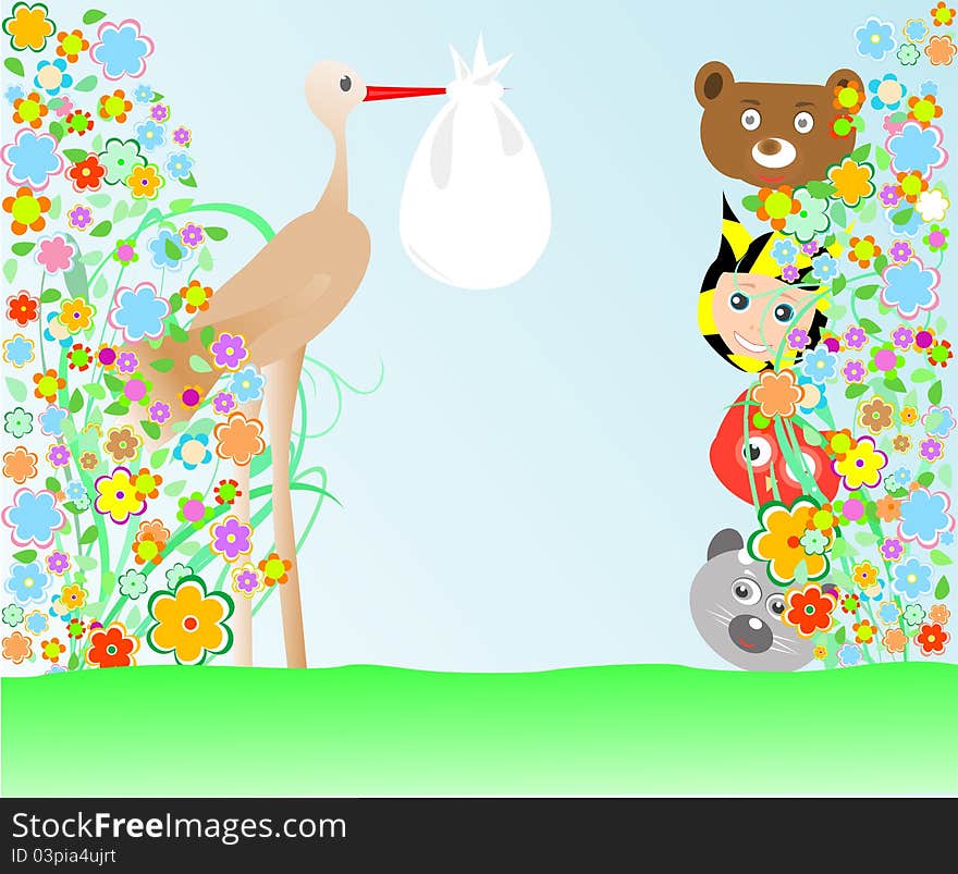 Cartoon animals and baby viewing stork with bag wallpaper