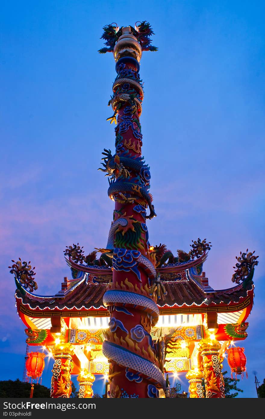 Chinese style pavilion and dragon statue at sunset sky. Chinese style pavilion and dragon statue at sunset sky