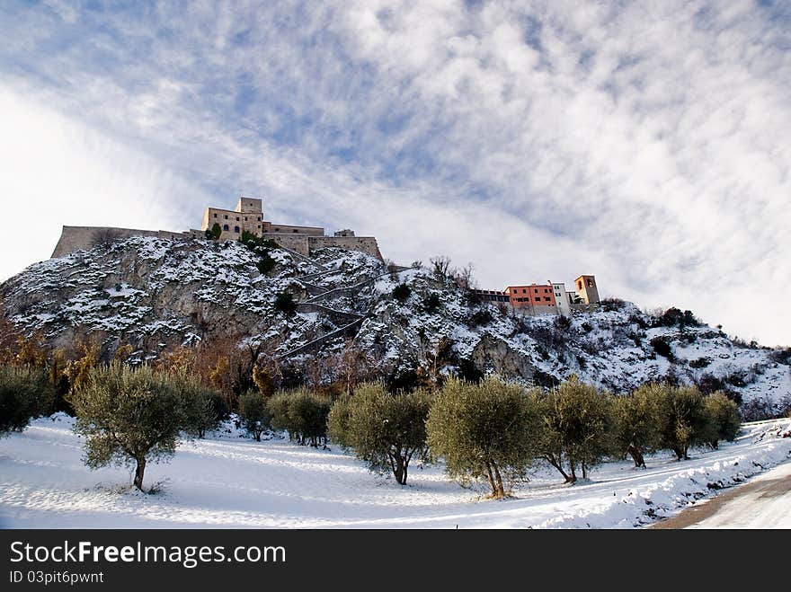 Ancient village on the hill in winter. Ancient village on the hill in winter