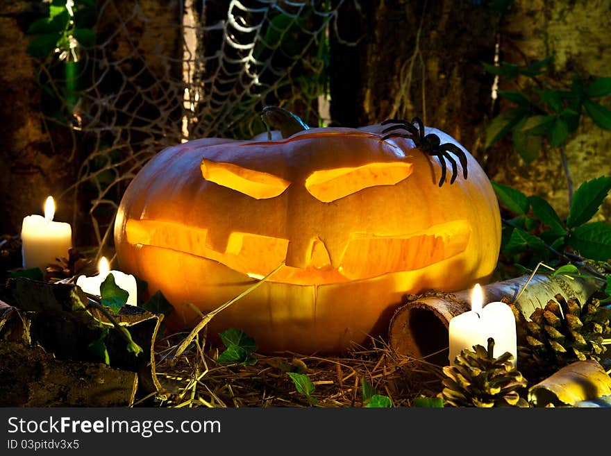 Spooky halloween pumpkin in the attic. Spooky halloween pumpkin in the attic