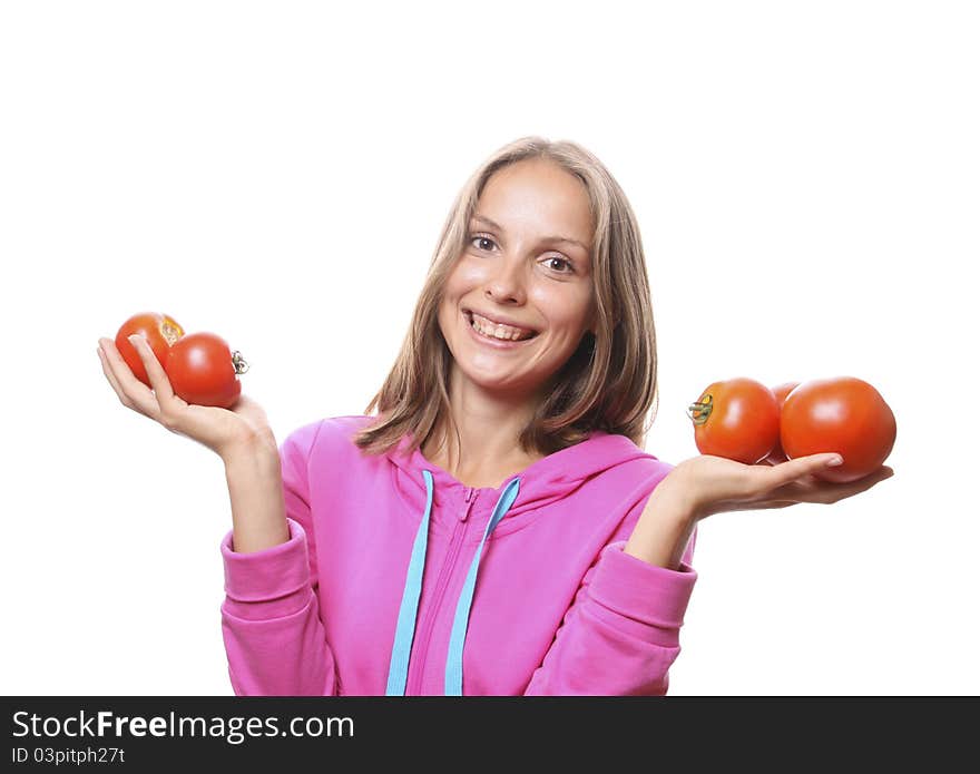 Woman with tomatoes, isolated on white