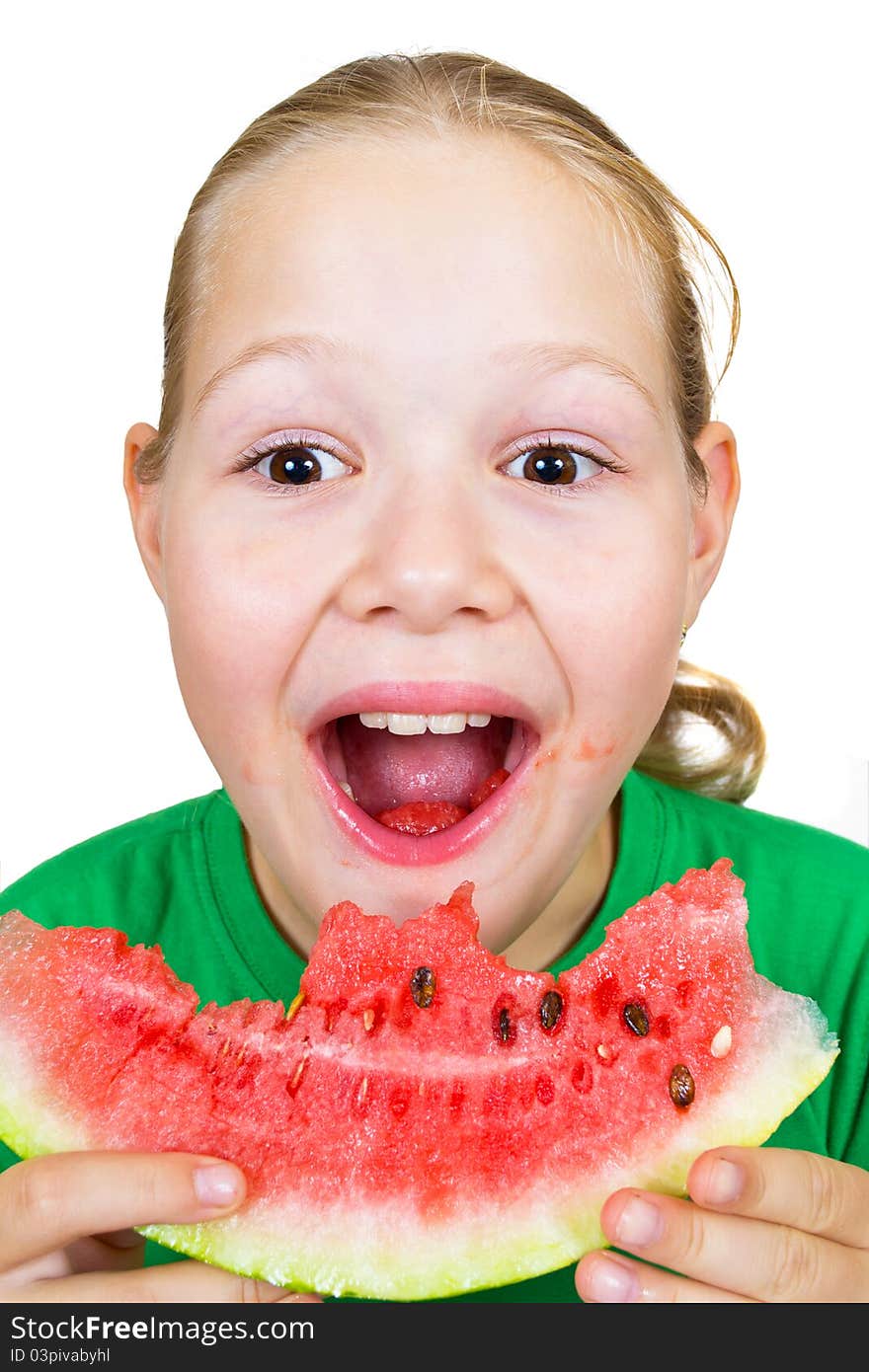 Picture of young girl and a slice of watermelon on white