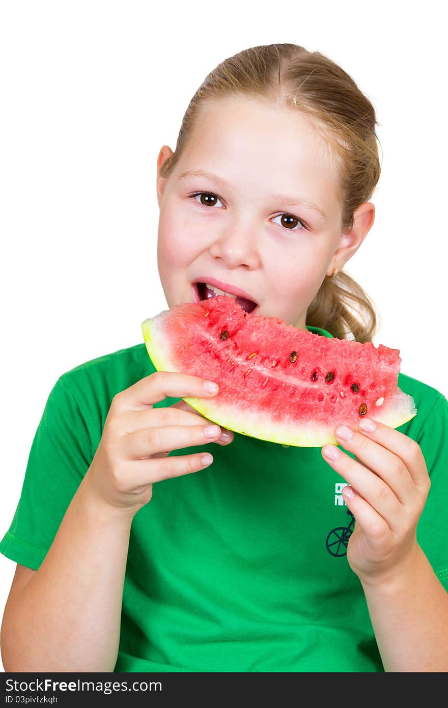 Picture of young girl and a slice of watermelon on white