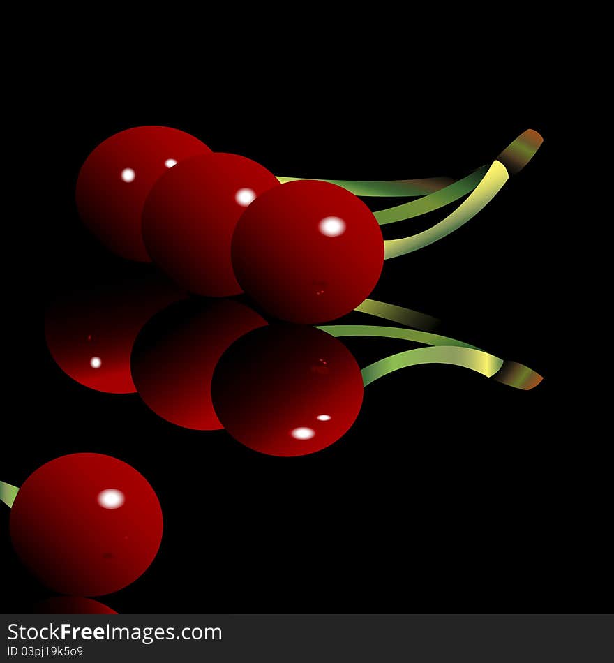 Red cherries on black background illustration