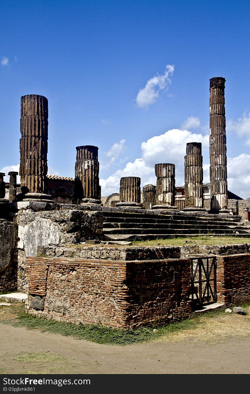 Ruined columns in Pompeii, Roman city in the Italy