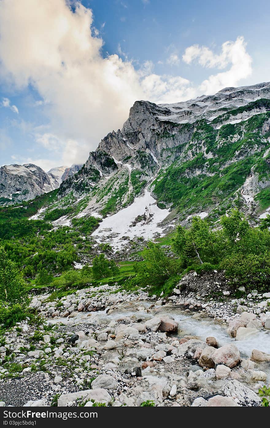 River and grass in the North Caucasus mountains. Russia. River and grass in the North Caucasus mountains. Russia.