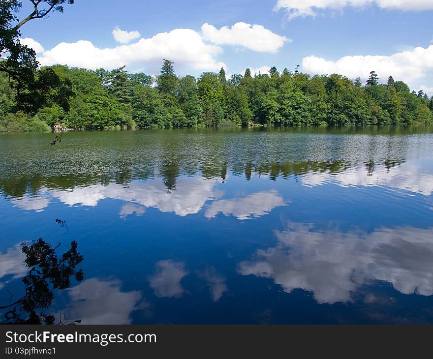 Magnificent beautiful reflection of trees and clouds in a lake great mirror effect