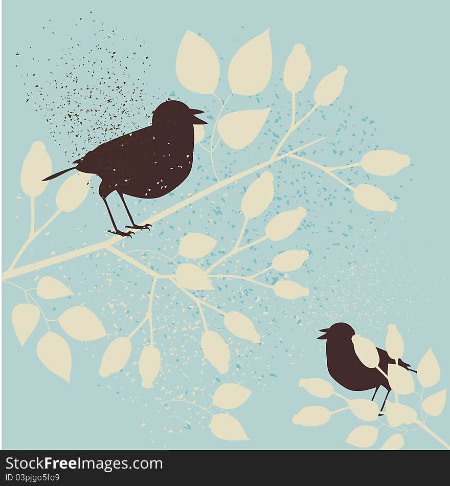 Birds on a tree - retro colored grunge floral background