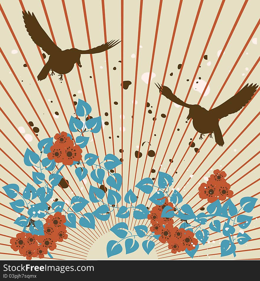 Flying retro birds - abstract floral background