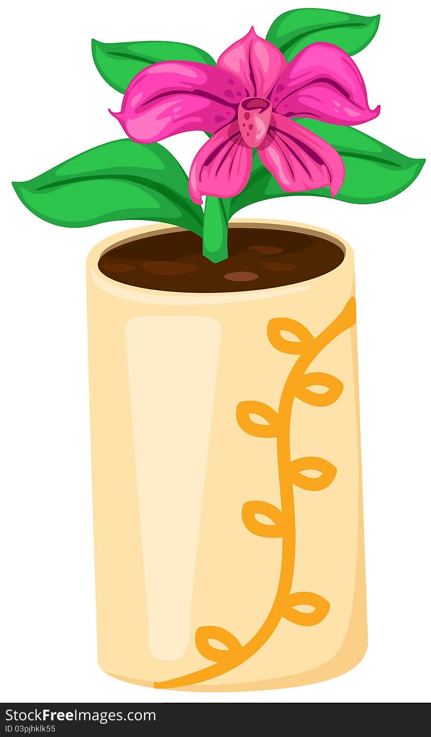 Illustration of isolated orchid in a pot on white