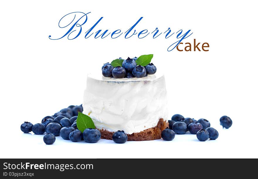 Cheesecake with bilberries on white background, place for your text up. Cheesecake with bilberries on white background, place for your text up