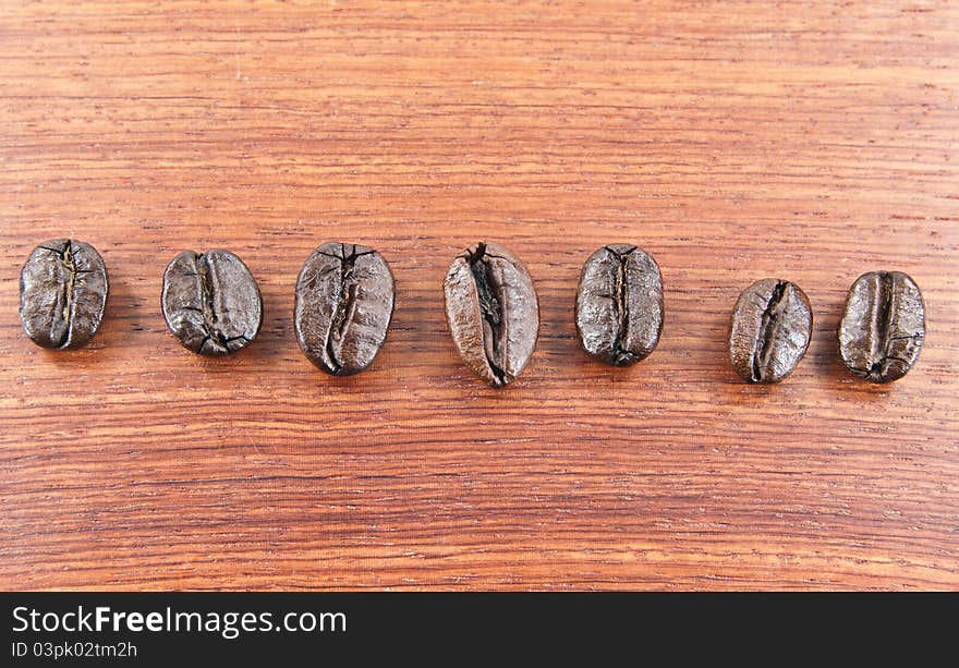 Coffee beans lined up on a wooden floor