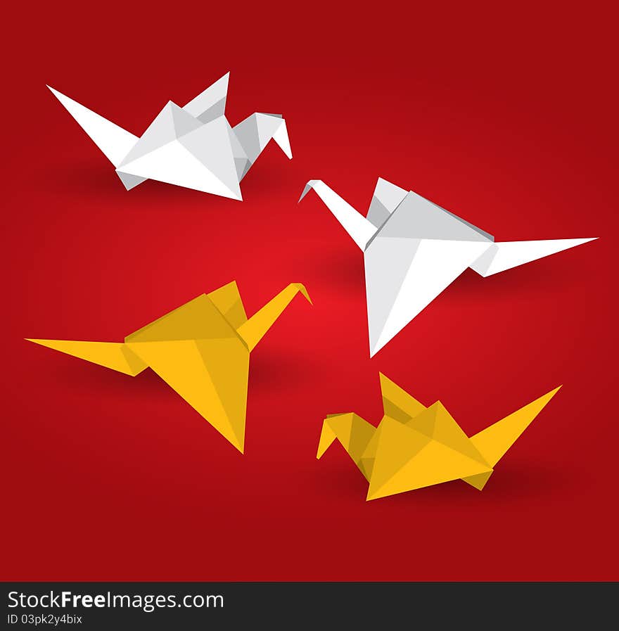 Origami birds on color background