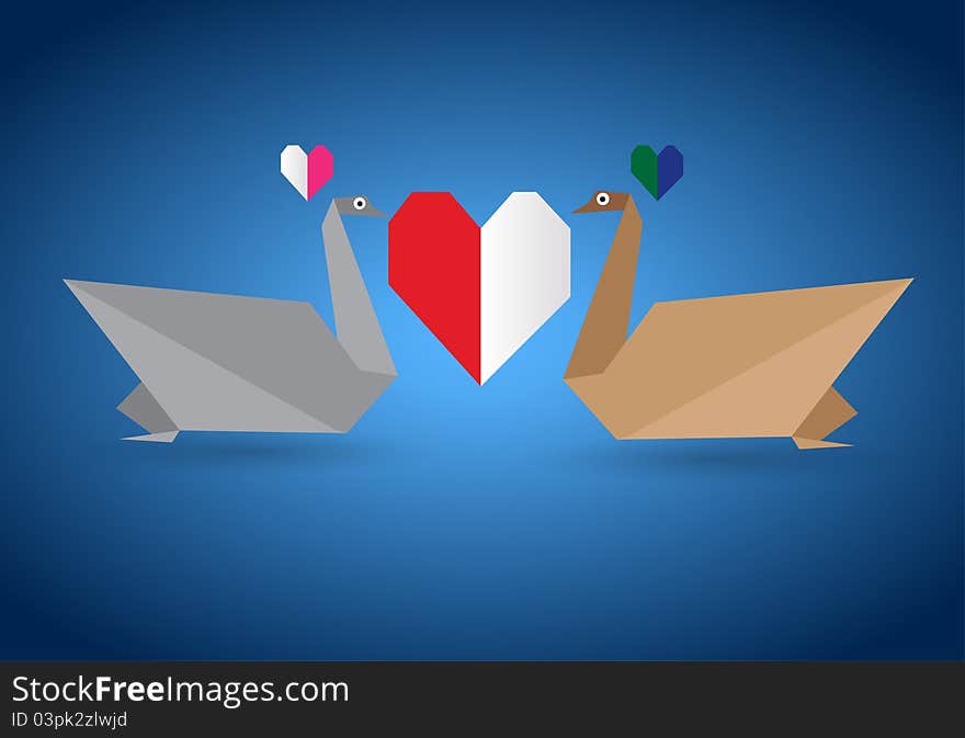 Origami couple swan on color background