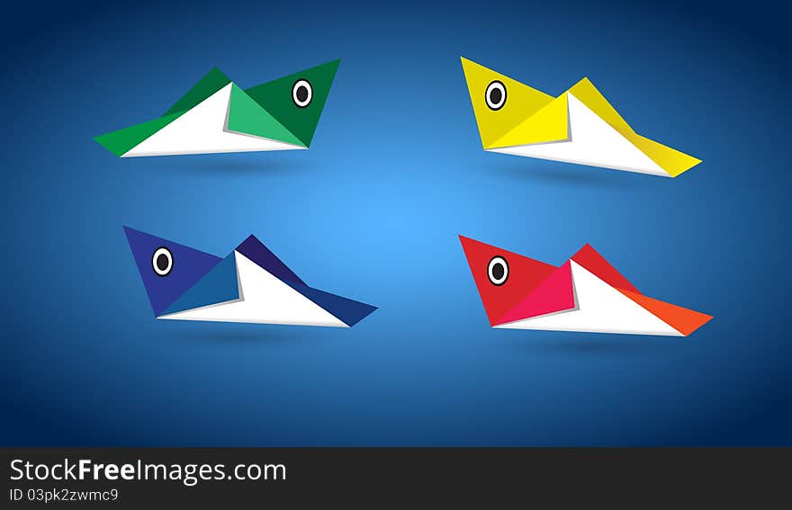 Origami fishes on color background