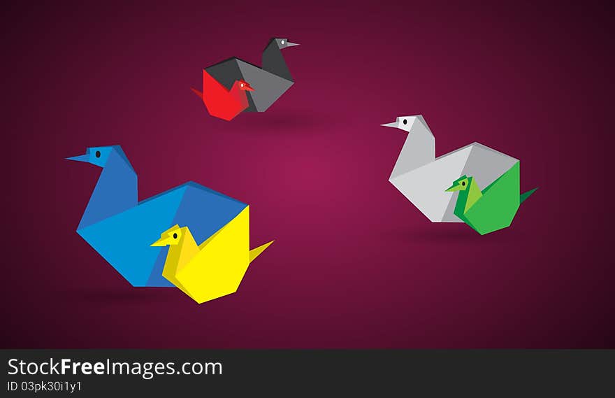 Origami chickens on color background