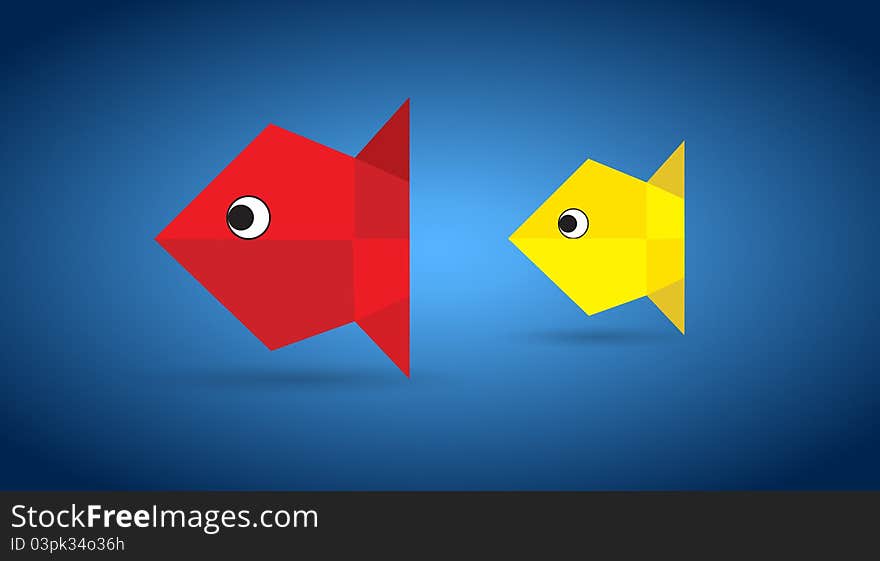 Origami fishes on color background