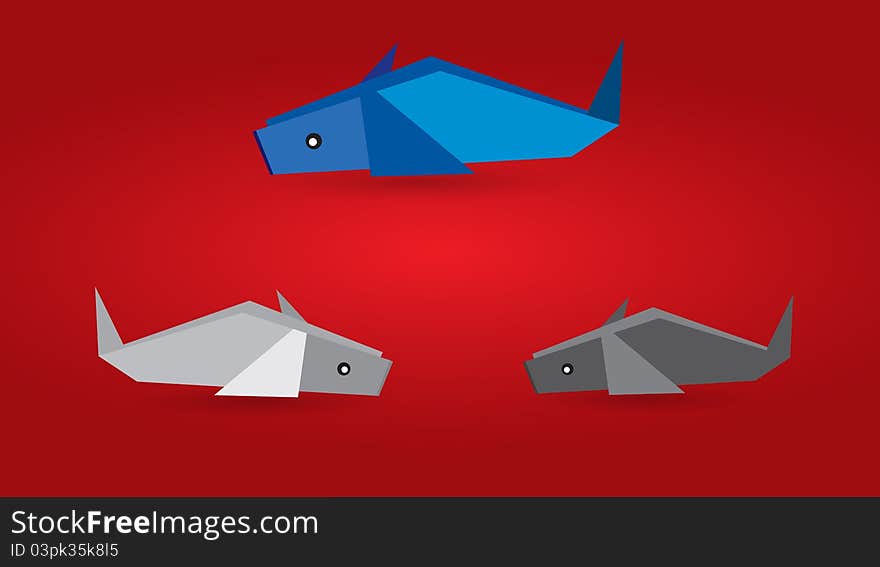 Origami fishes on color background