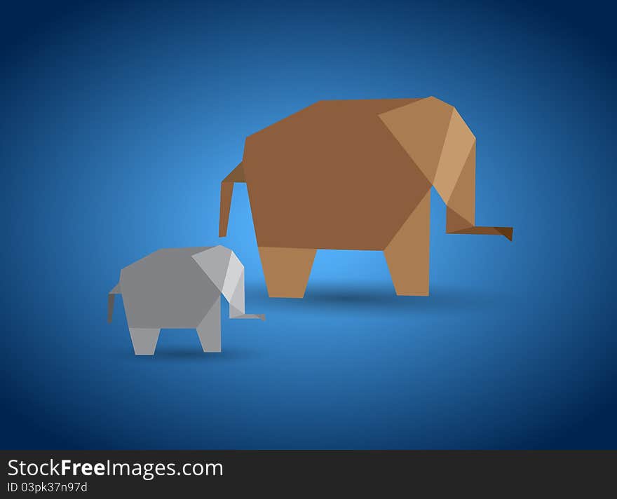 Origami elephants lion on color background