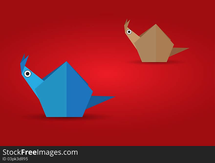 Origami chickens on color background