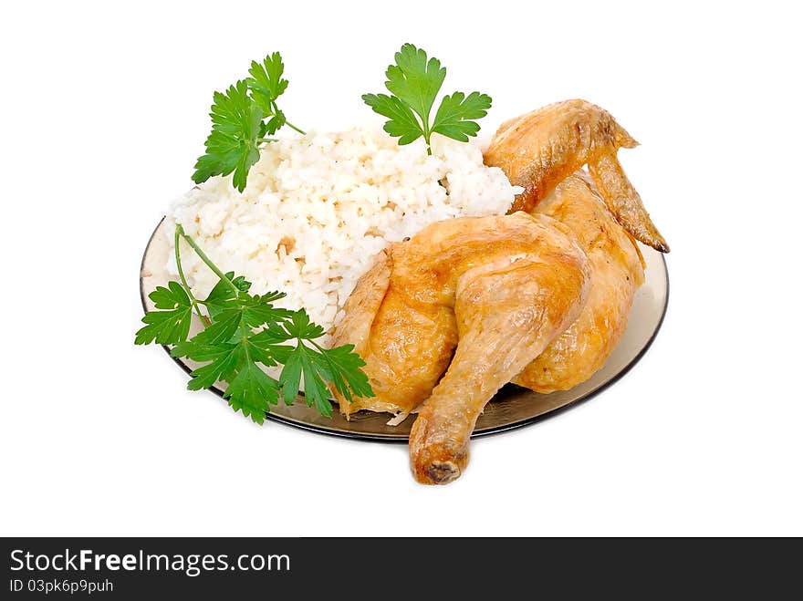 Fried chicken with rice garnish on white