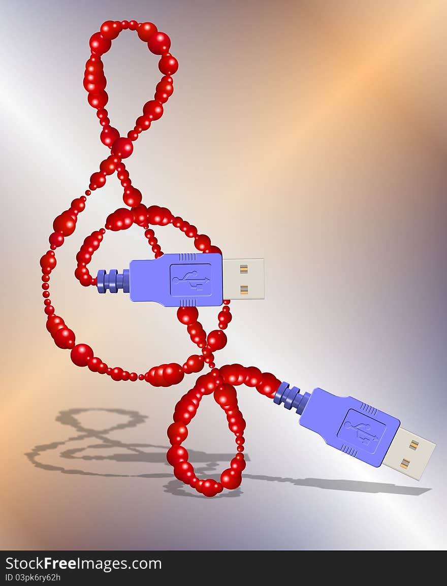 A funky usb cable with plugs forming a treble clef. A funky usb cable with plugs forming a treble clef