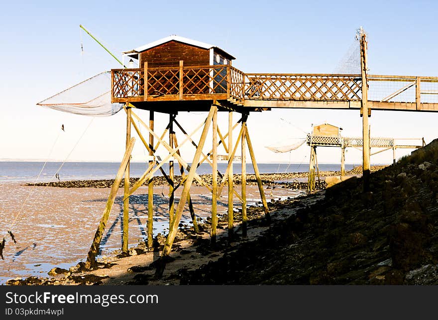 Piers with fishing nets in Gironde Department, Aquitaine, France