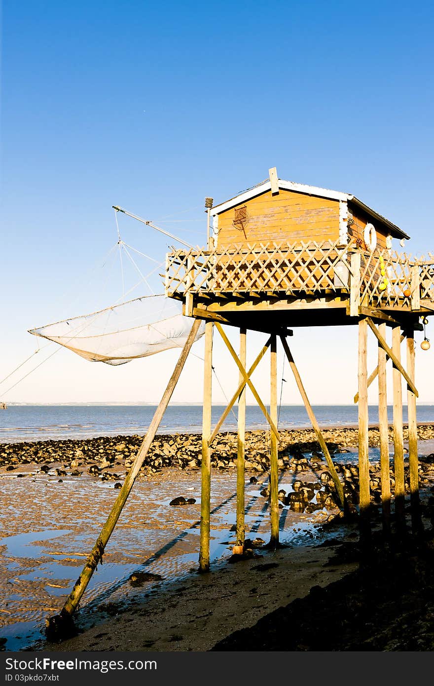 Fishing house with a fishing net in Gironde Department, Aquitaine, France