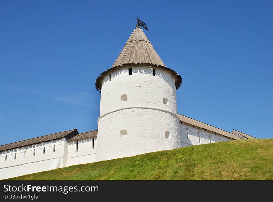 Tower of Kazan Kremlin with unesco flag on a top