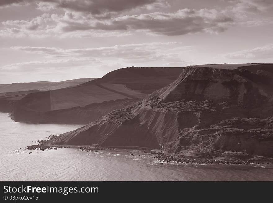 Jurassic Coast and the Isle of Purbeck in Sepia Black and White Tone, Dorset, England, UK. Jurassic Coast and the Isle of Purbeck in Sepia Black and White Tone, Dorset, England, UK