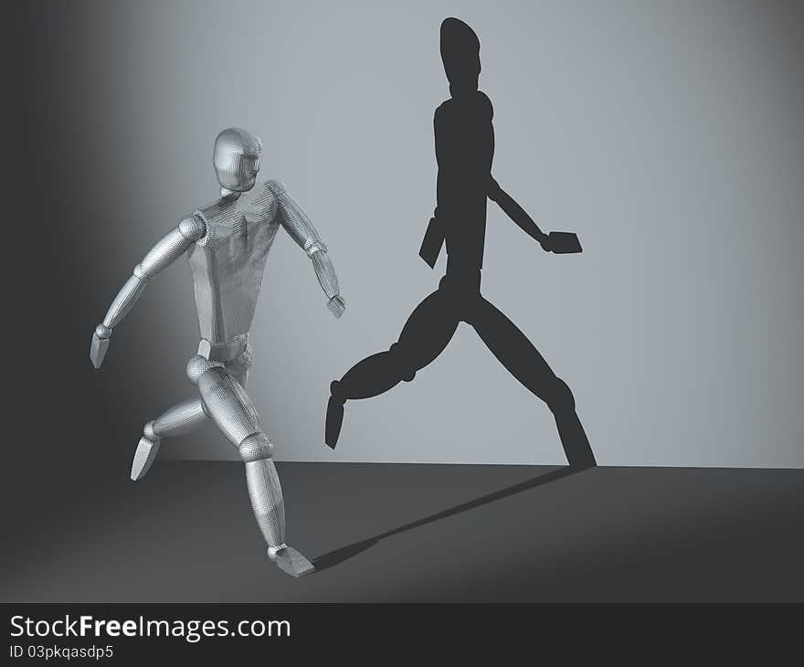 3D image of a running man vs his shadow. 3D image of a running man vs his shadow